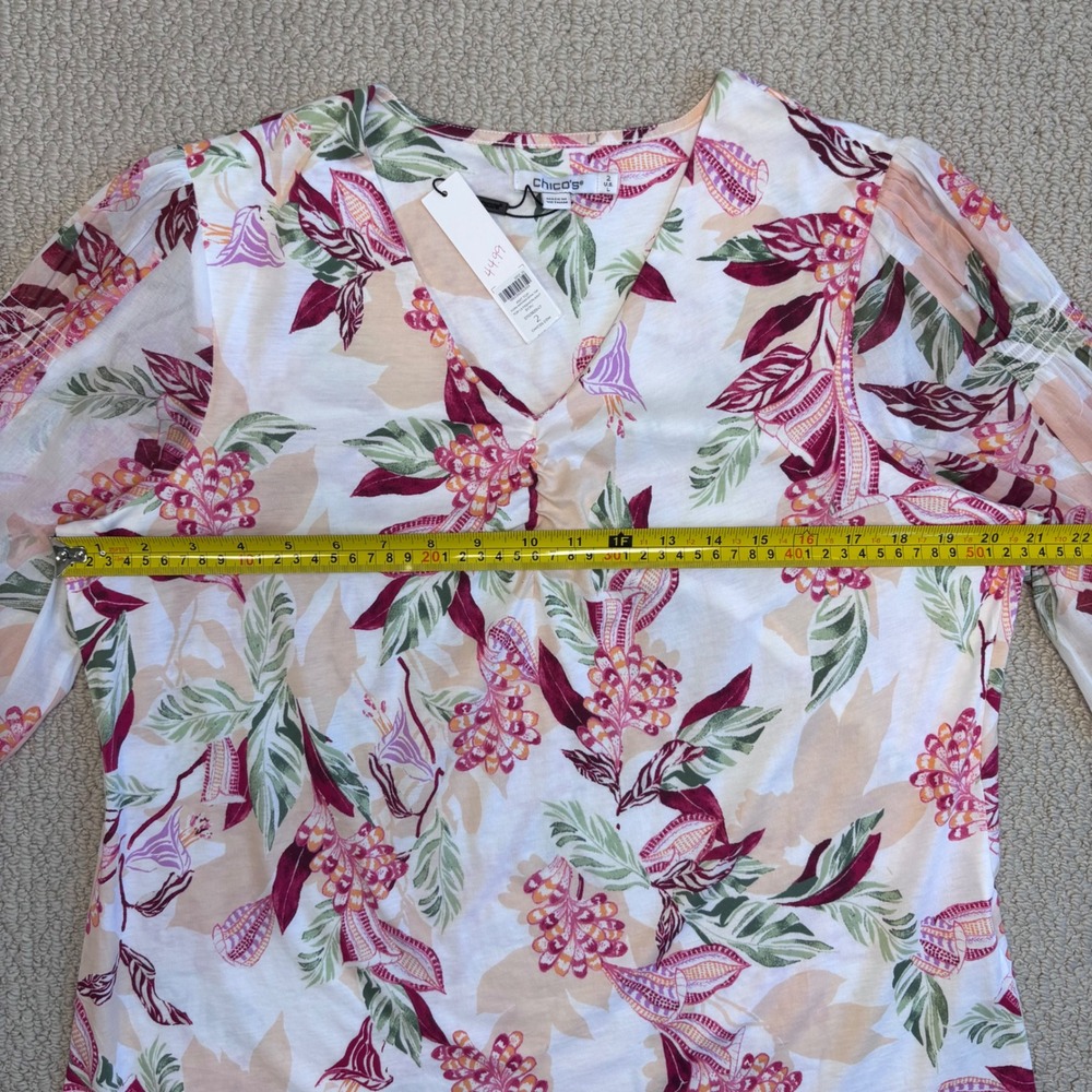 Chicos Pima Cotton Floral Smocked Long Sleeve Tee Size 2 Large Ecru Pink NWT - Picture 7 of 16